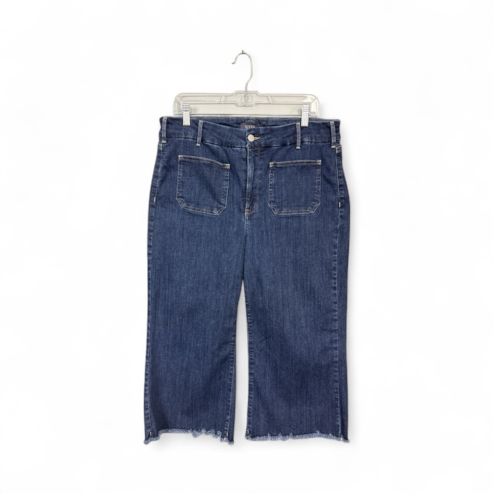 NYDJ Women's Petite 14 14P Wide Leg Cropped Jeans Raw Hem Stretchy Pockets Blue